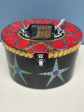 Hand Painted Black Multicolor Hinged Western Theme Hat Box 99724 