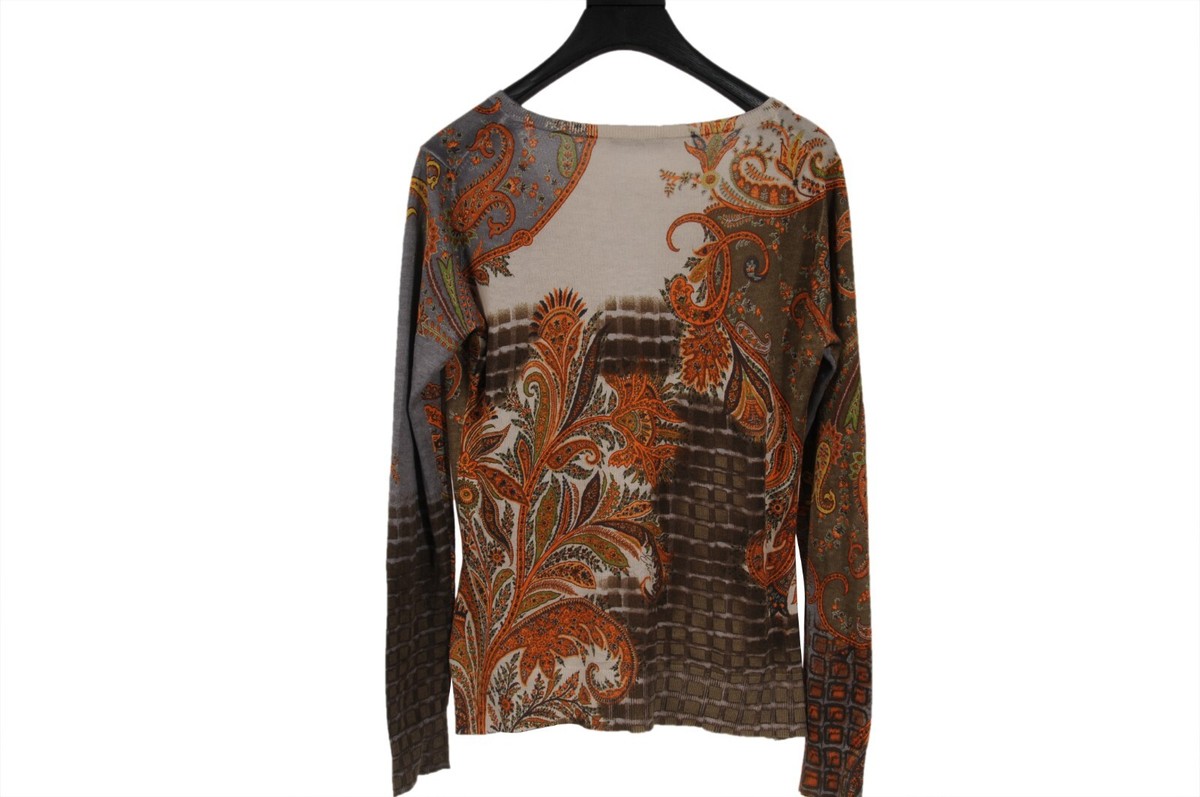 Etro Women V Neck Paisely Sweater Sz Medium Gray Cream Orange Cashmere Blend View 2