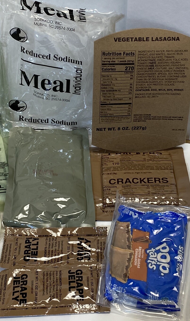SOPAKCO MRE-VEGETABLE LASAGNA-LOW SODIUM EMERGENCY RATION-(15) MEALS-07/26