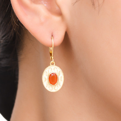 Masterly Crafted Carnelian 14K Gold Plated Art Deco Enameled Earring