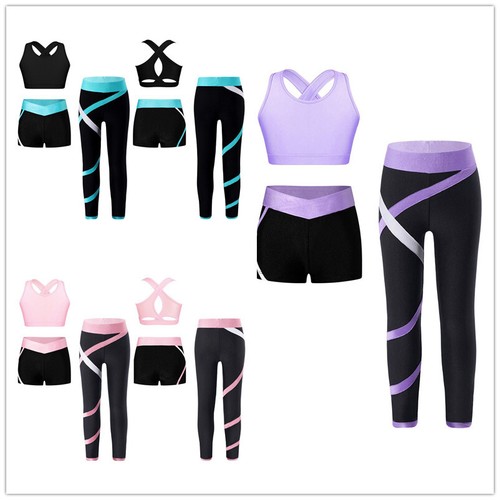 Kids Girls Sets Yoga Sportswear U Neck Crop Top With Shorts And Pants 3 Pieces - Picture 2 of 26