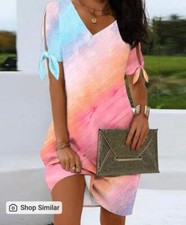 UK Womens Short Sleeve Dress Ladies Summer V Neck Holiday Mini Dresses