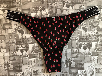 NWT Victoria's Secret PINK Elastic Logo cotton Thong Panty Black Strawberry  M