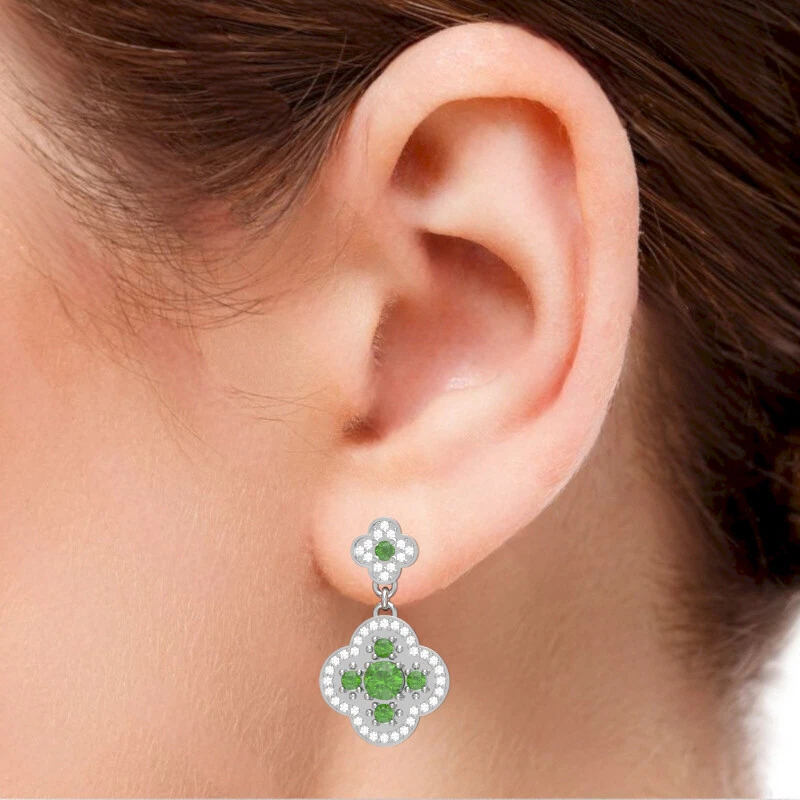 Shamrock Clover Flower Leaf Peridot Diamond Earrings In 14k Gold - Image 3 of 4