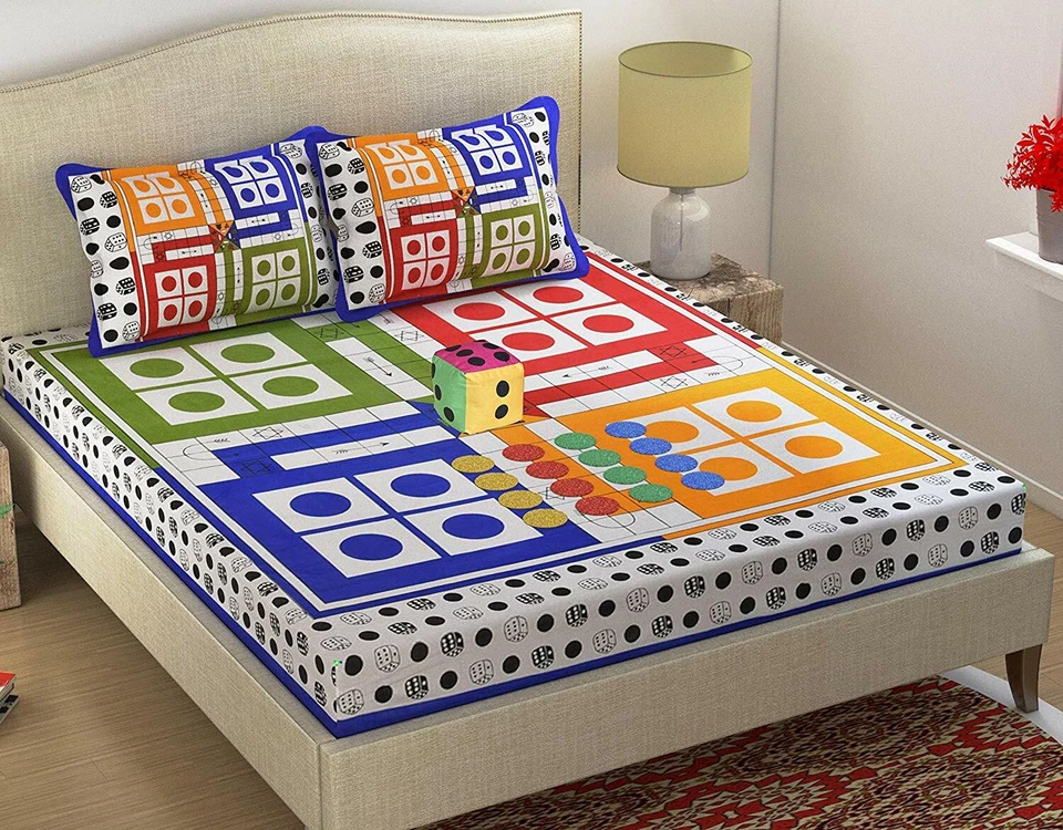 Ludo Kids Game Design Art Indian Queen Size Cotton Bedsheet With 2 Pillow Covers - Image 2 of 4