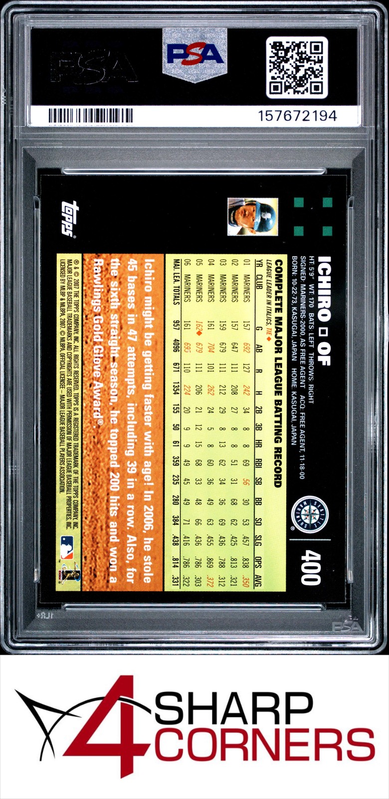 2007 TOPPS #400 ICHIRO SUZUKI MARINERS HOF PSA 9 view 2