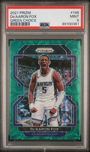 De'Aaron Fox 2021-22 Panini Prizm Prizms Choice Green #148 Kings! 2/8 PSA 9