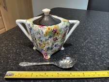 Vintage Retro China Midwinter Brama Sugar Bowl With Chrome Lid & Sugar Spoon