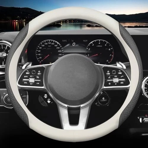 New Nappa Leather car Steering Wheel Cover, Universal 15 inch () White and Black - Image 2 of 4
