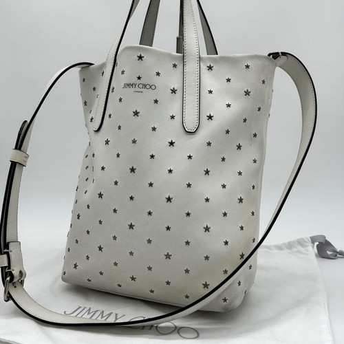 JIMMY CHOO Sofia Handbag Tote Bag White Leather Star Studded 2Way Bag