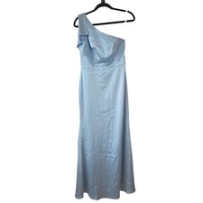 Azazie Light Blue Satin Full Length Dress Bridesmaids Gown Fit and Flare Size A4
