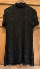 Vintage 80s SCALA Black Silk Beaded Cocktail Dress Mock Neck Size Petite L