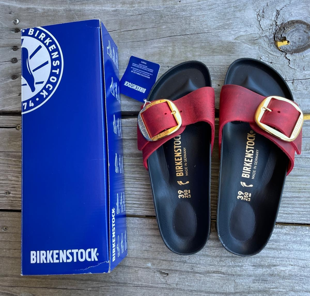 Birkenstock Madrid Big Buckle Fire Red Womens, US 8, EU Leather