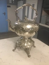 A FINE QUALITY ANTIQUE MARTIN HALL,SILVER PLATED SPIRIT KETTLE ON STAND.C- 1870.