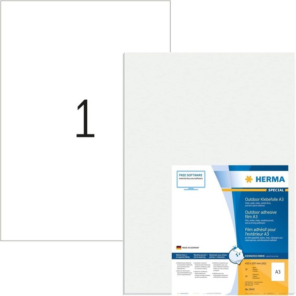 Herma 9542 Wetterfeste Folienetiketten, 10 Blatt, 297 X 420 Mm, 1 Pro A3 Bogen-image