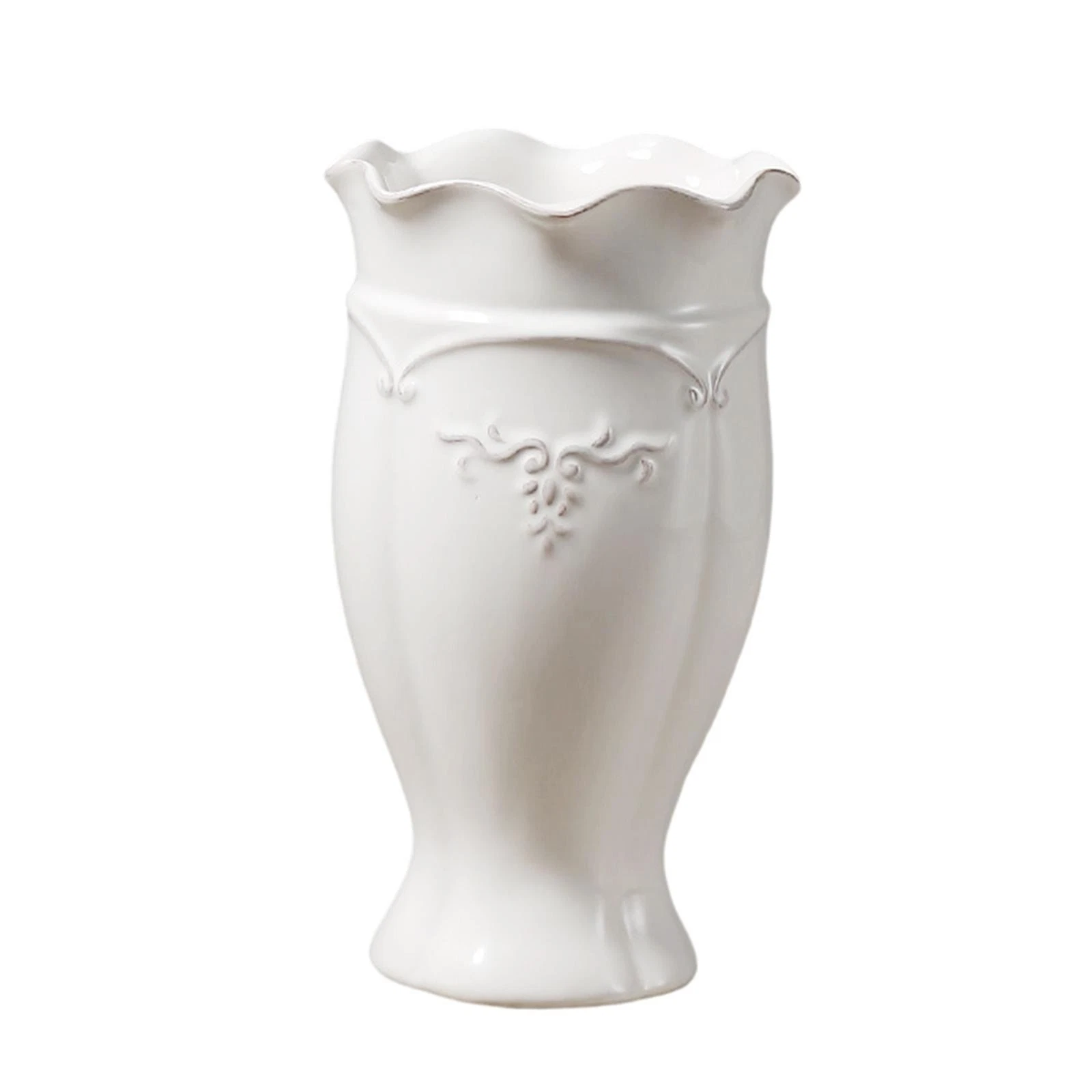 White Ceramic Vase with Embossed Vine Pattern And Wavy Rim for Weddings And