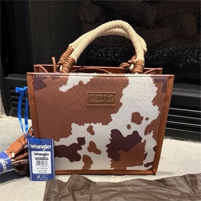 Wrangler Cowhide Tote Bag Top Handle Zip w/ Detachable Strap & Dust Bag Brown