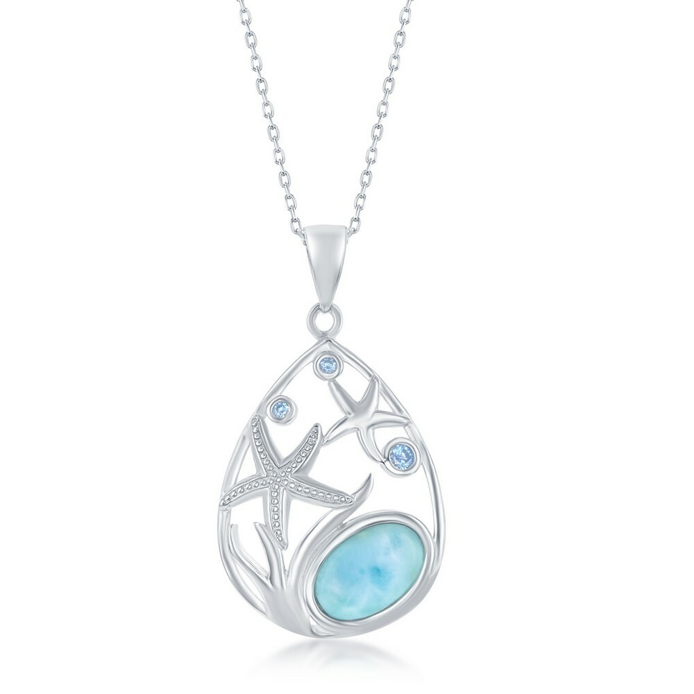 Womens Pendant Sterling Silver Pear-Shaped Starfish Blue CZ
