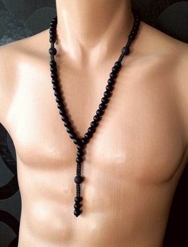 Lange Schwarz Perlenkette Onyx Lava Gestrickt Y-kette Herren Damen Geschenkidee - Bild 3 von 5