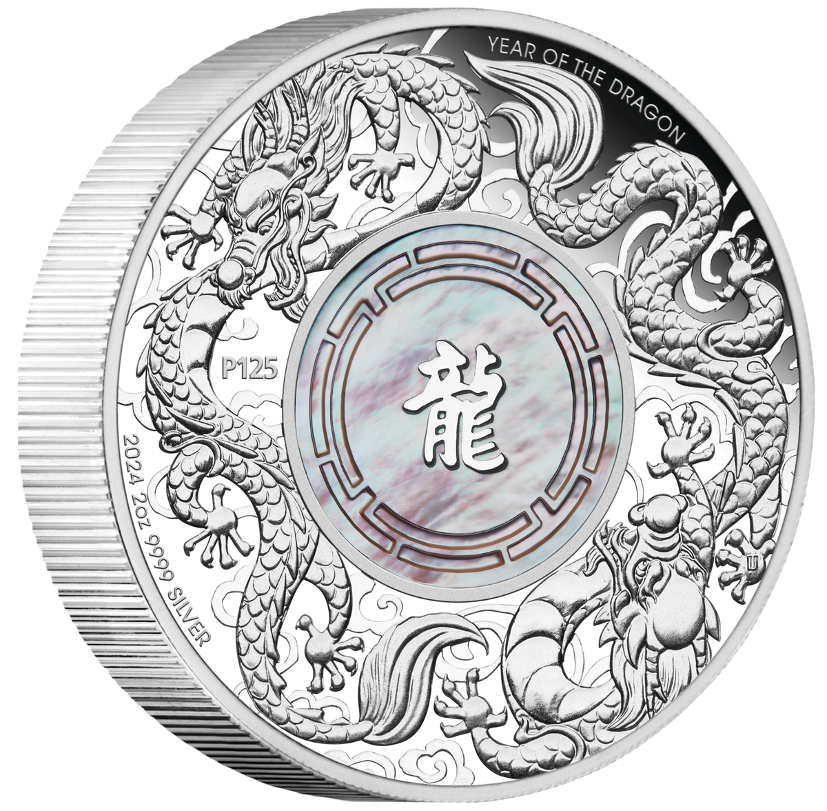 DOUBLE DRAGON WITH MOTHER OF PEARL 2024 2oz .9999 SILVER PROOF $2