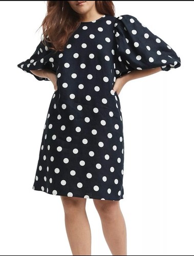 Witchery - Ladies Dark Blue/White Polka Dot Linen Dress - Size 10.