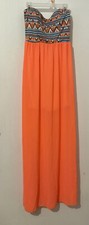 Strapless Maxi Dress Aztec Pattern Sheer Lined Stretch Bright Coral Women's S