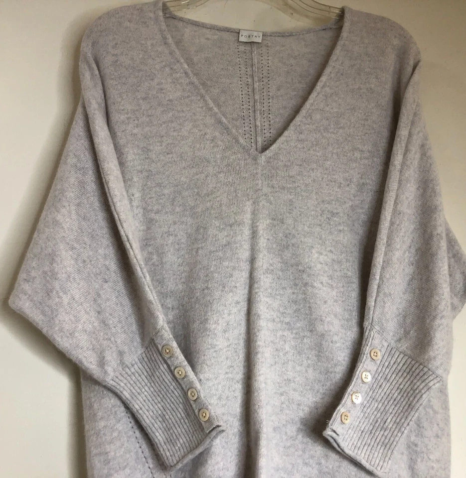 Suéter Botones Poetry Mujer Talla 6 100% Gris Cachemira Cuello en V Manga 3/4 Dolman Foto 3 de 4