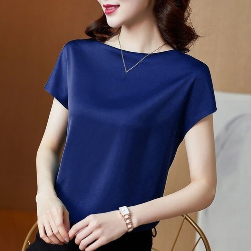 Mujeres Camisa Mezcla Seda Suelta Manga Corta Camiseta Morera Prendas para el torso Pullover Blusa - Imagen 22 de 22