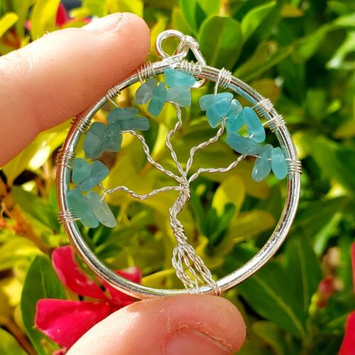 Aquamarine tree of life natural crystal healing gemstone pendant - Picture 1 of 3