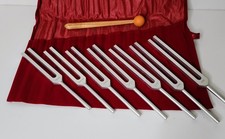 Vintage 7-Piece Chakra Tuning Fork Set w/ Mallet Velvet Roll Case