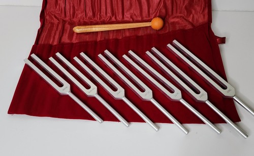 Vintage 7-Piece Chakra Tuning Fork Set w/ Mallet & Velvet Roll Case
