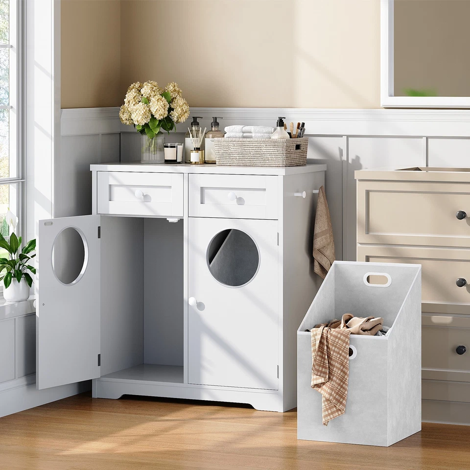 Double Laundry Hamper Cabinet Hidden Laundry Cabinet with 2 Drawers & 2 Baskets - Image 3 of 4