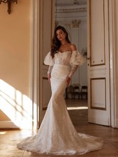 Romantic Puff Sleeves Mermaid Wedding Dress Shiny Long Appliques Bridal Gowns