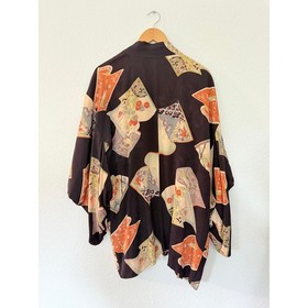 Vintage Haori Jacket Women OS Black Excellent Silk Fan Floral Print Vintage