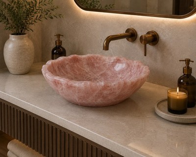 Rose Quartz Vessel Sink | Handcrafted Pink Crystal Stone Basin | Luxury Bathroom