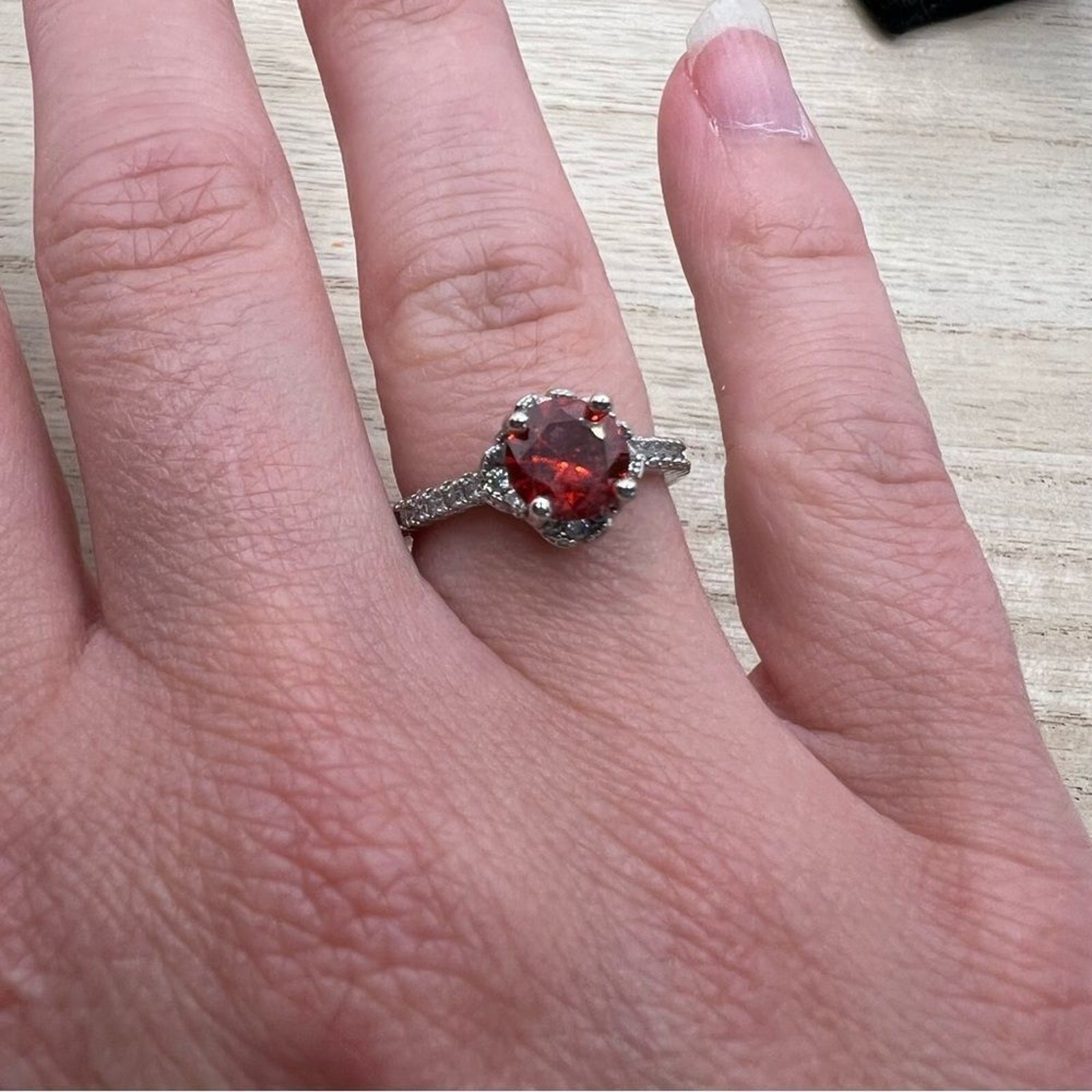 Ruby red jewel gem rhinestone studded silver ring… - image 2