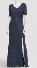 Alex Evenings Women Blue Metallic-Knit Surplice Gown Dress Petite Size 8P