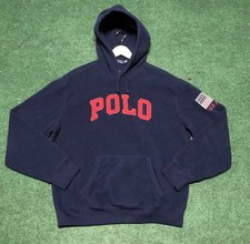 Polo Ralph Lauren Fleece Hoodie Mens Large Navy Fleece Pullover Flag Patch