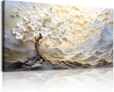 White Tree of Life Canvas Art - Modern Minimalist Mountain Landscape Decor
