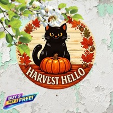 Black Cat and Pumpkin Design Round Metal Tin Sign Halloween Decor 8x8