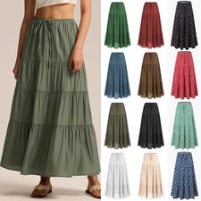 Ladies Elastic Waist Long Maxi Skirts Long Summer Dress Drawstrings Holiday SIZE