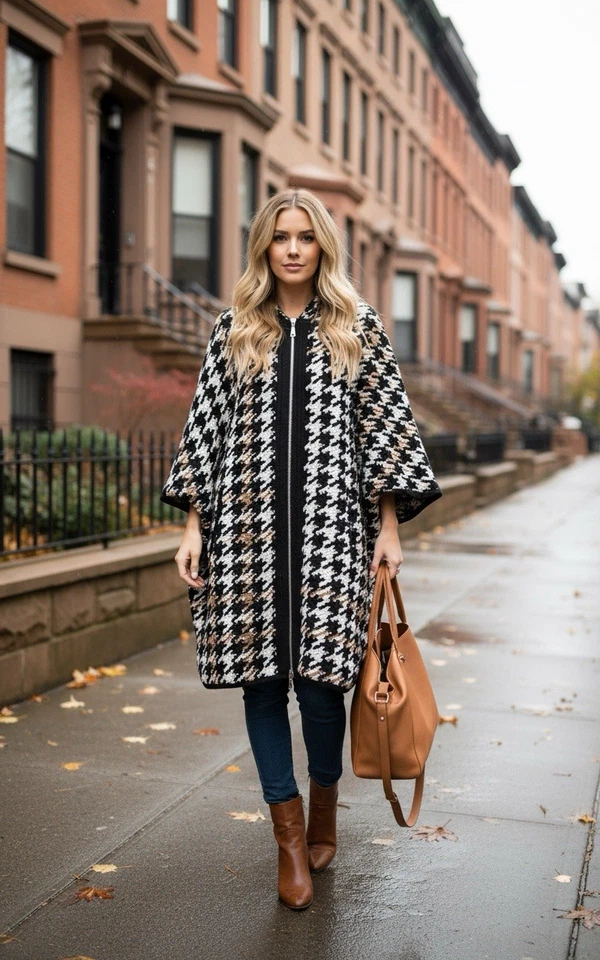 Casaco feminino Nuage removível pele sintética marrom preto branco espinha de peixe tamanho M/G - Imagem 2 de 4