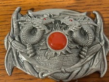 Metal Silver Tone Dragon Belt Buckle With Red Center Stone