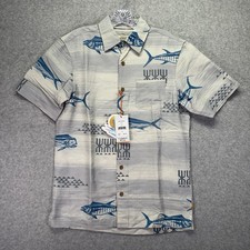 Quiksilver Waterman Shirt Mens Small White Hawaiian Geometric Fish Beach Comfort