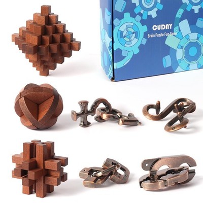7 Pieces Unlock Interlock Teaser Games Wooden and Metal Puzzles IQ Logic Fun ...
