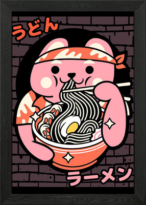 Funny japanese Ramen Cat Framed Wall Art Poster Canvas Print Picture