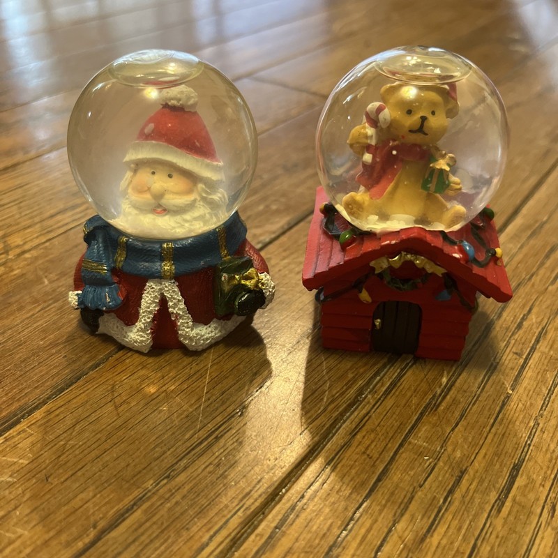 2 Mini Christmas Snow Globes Santa Teddy Bear