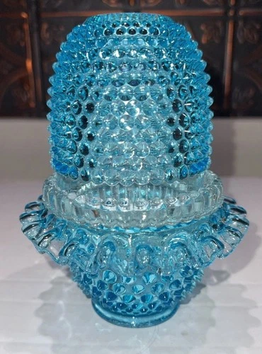 Rare Vintage Fenton/LG Wight Blue GLOWS Hobnail 3 Piece Glass Fairy Lamp HTF