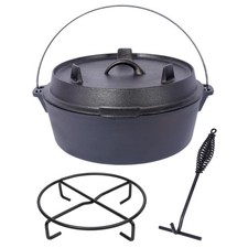 8Qt Cast Iron Dutch Oven w/Skillet Lid, Pre-Seasoned + Pot Rack