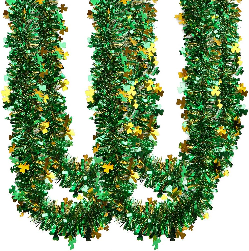 33FT St. Patrick's Day Shamrock Clover Green Gold Metallic Tinsel Garland
